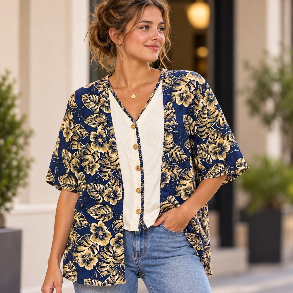 Panther Made in USA Women's Floral Layered Button Front Blouse Navy Cream Sz 14